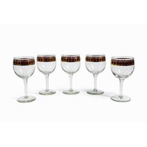 Stemmed Wine Glasses Culver Valencia Cranberry Scroll Mid Century Modern 22KT